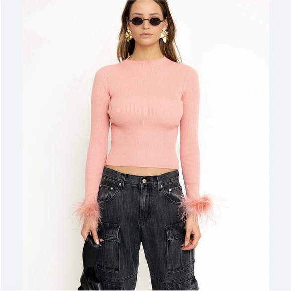 Torn by Ronny Kobo Sweaters - Torn by Ronny Kobo pink feather sleeve mock neck sweater NWT